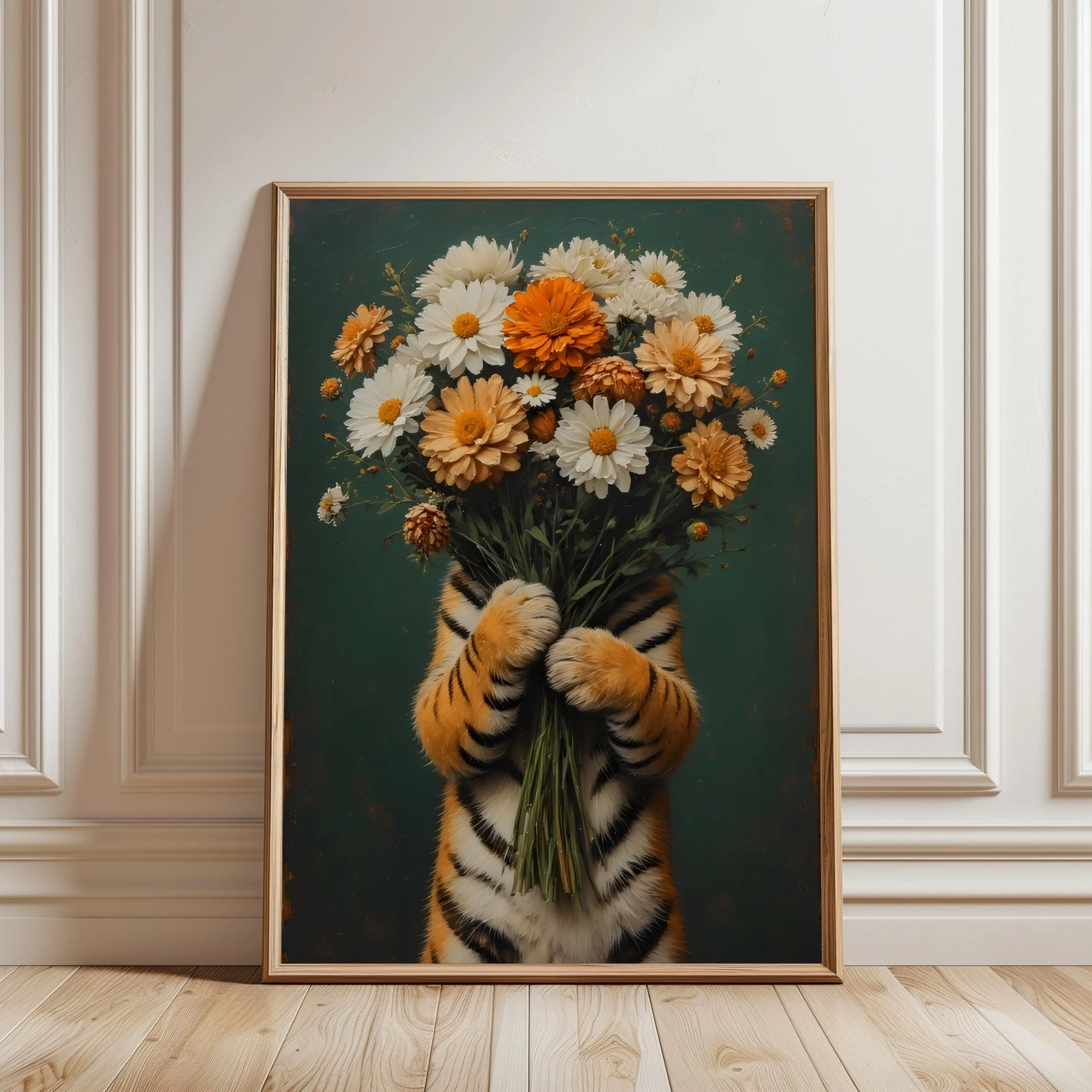 [SALE UP TO 40%] [Unframed] Emerald Green Tiger with Flowers Painting, Retro Whimsical Wildlife Poster, Colorful Minimalist Animal Art, Japandi Portrait Floral Print