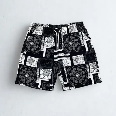 Men's Black and White Polyester Tropical Paisley Printed Trunks, Relaxed-Fit Adjustable Drawstring Designer Swim Shorts for Beach, Pool, Casual Summer Bottoms Swimwear with Laid-Back Charm