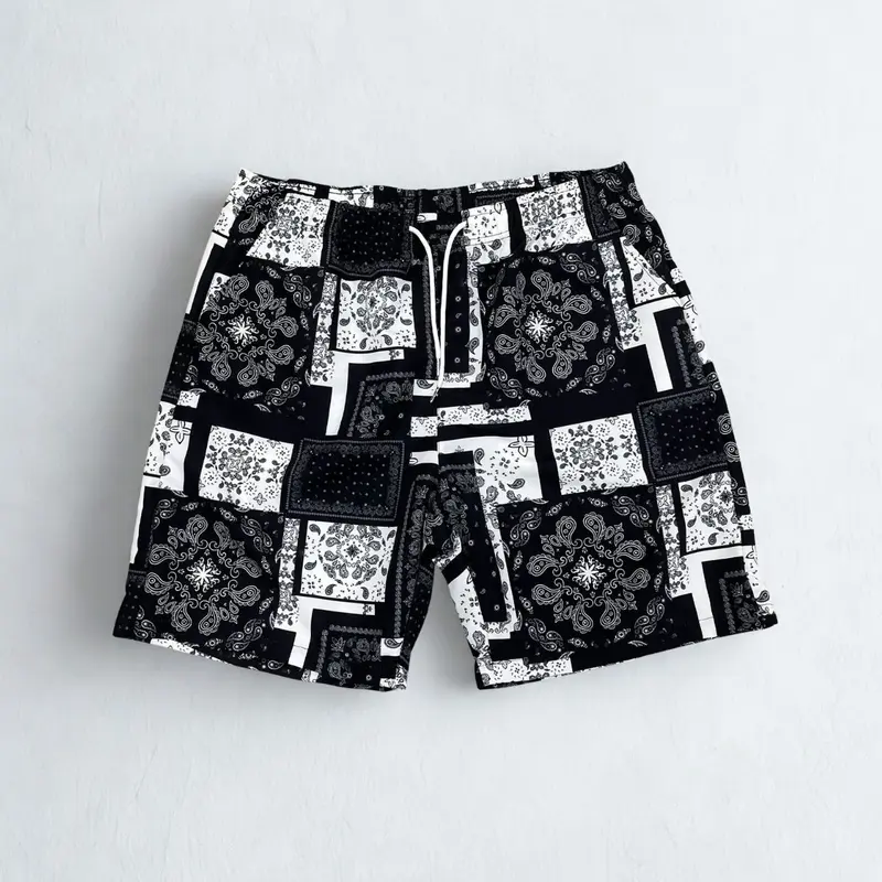 Men's Black and White Polyester Tropical Paisley Printed Trunks, Relaxed-Fit Adjustable Drawstring Designer Swim Shorts for Beach, Pool, Casual Summer Bottoms Swimwear with Laid-Back Charm