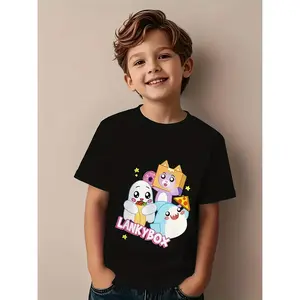 & Lankybox Character T-Shirt - Cute Pink & Blue Lankybox Logo Print with Iconic Characters, Short Sleeve Round Neck Casual Tee for Kids, Birthday Party Outfit, YouTuber Merchandise Gift (Machine Washable)
