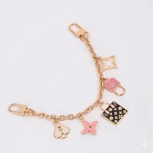 Gold Tone Five Charm Star Lock Flower Heart 9 Inch Bag Charm
