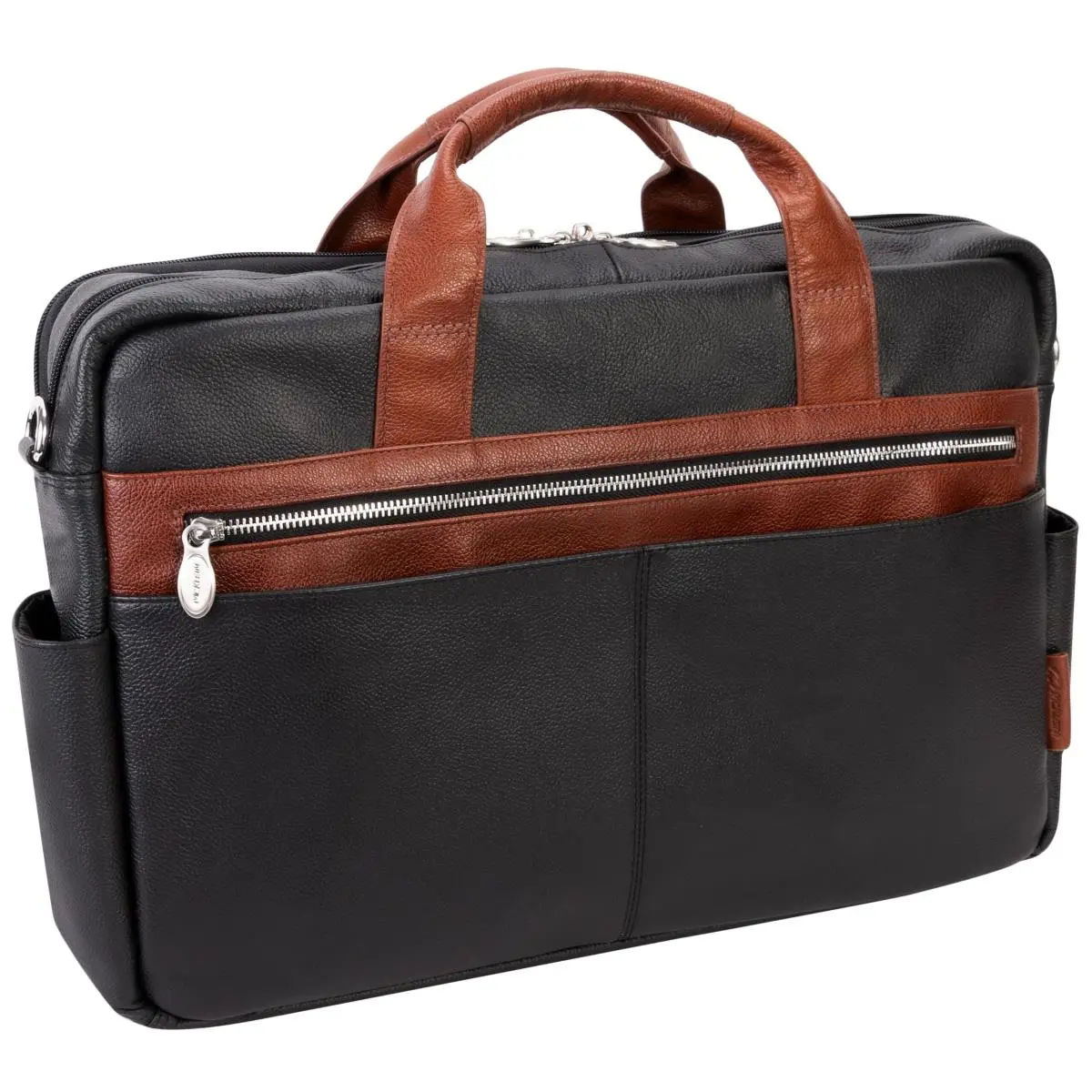 212 MAIN U Series 17-in Southport Pebble Grain Calfskin Leather 2-Tone Dual-Compartment Anti-Theft Briefcase with Locking Zip, Shoulder Strap for Laptops, Tablets, Black