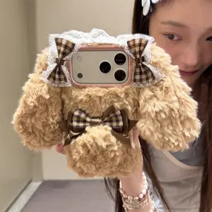 Korean Cute Bowknot Bunny Fur Phone Case For iPhone 17 Pro 16 15 14 Pro Max 13 Cartoon Plush Winter Warm Girls Gift Cover