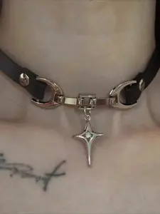 A Punk Y2K Style PU Leather Sexy Neck Chain with A Vintage Gothic Cross Pendant Necklace. A Perfect Jewelry Accessory for Ladies, Suitable for A Tomboy or As A Gift for Her. Adjustable Star Necklace