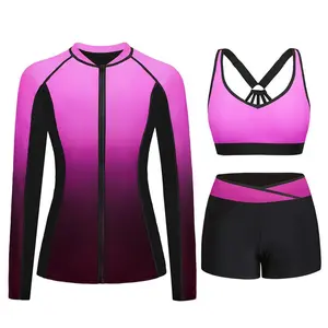 Daci Women Three Piece Rash Guard - Long Sleeve Zip Up Swim Shirt with Sports Bra and Shorts UPF 50+ Modest Swimuits