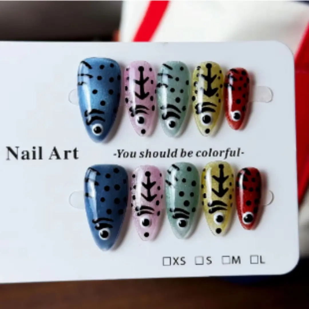 10pcs high-end Creative and personalized design, cat-eye sparkle, colorful dopamine fish handmade fake nails