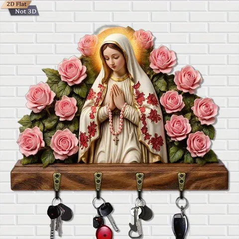Rose & Mary Art Vintage Decorative Wooden Wall Hanging Key Holder with 4 Hooks, Virgin Mary & Rose Design Home Organizer, Easily Accessible Entryway Storage for Keeping Keys Organized, Thoughtful Housewarming Religious Gift