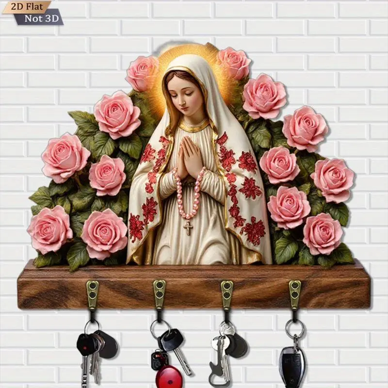 Wooden Wall Key Organiser with 4 Hanging Hooks - Virgin Mary & Baby Jesus Rose Design, Decorative Vintage Religious Wall Decor, Space-Saving Storage Organization Entryway Gift,summerwins