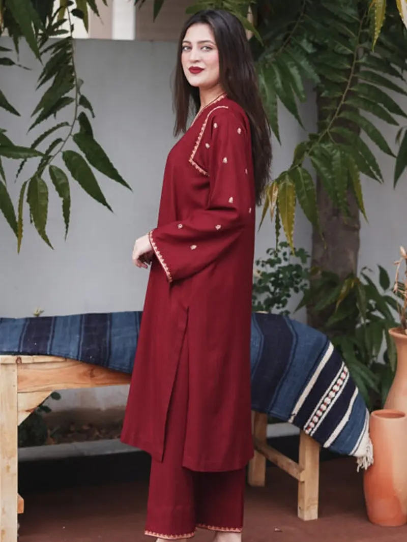 Stitched 3-Piece Embroidered Dhanak Suit Set by Sky Cashmere