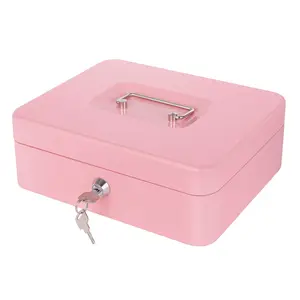 Cash Box with Money Tray and Lock - Ideal Money Box for Cash Management, Metal Cash Box with Lock, Tiered Lock Box for Money Pink