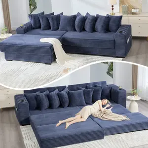 110.75" Modular L Shaped Sofa, Corduroy Fabric Sectional Couch,With a movable footstool, Cup Holders,Bring 8 throw pillows,Side Pocket,Unfold into a Bed, Chaise Modular Deep Seating Sofa,Premium High-Density Foam & Plush Corduroy,Upholteed Sof#Summervibes