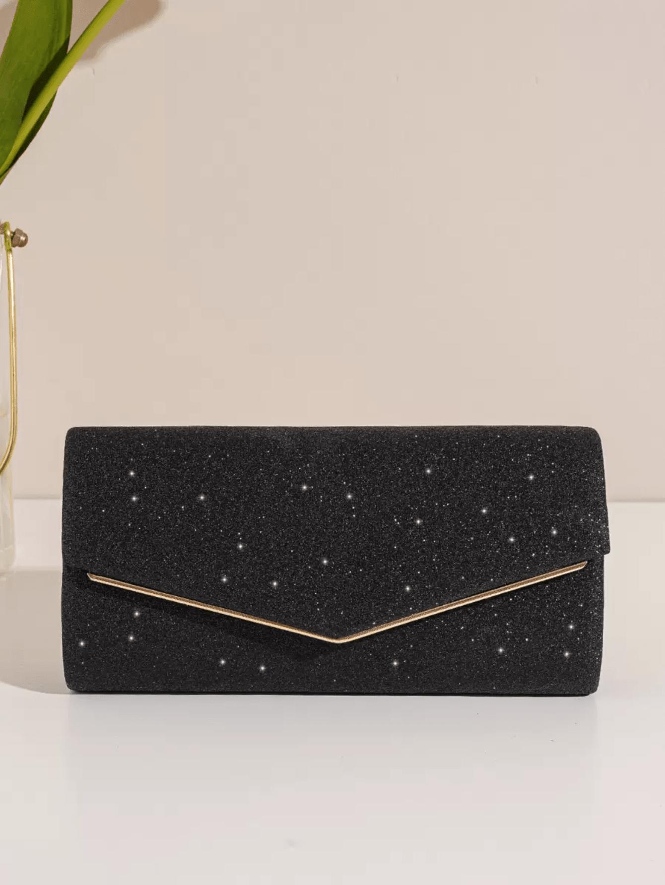 Women's Glitter Envelope Clutch Purse, Sparkly Evening Handbag in Silver & Black, Formal Purse for Wedding, Prom, Cocktail Party and Special Occasions