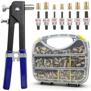 455Pcs Rivet Nut Tool Kit, Rivnut Tool Kit with 7 SAE and Metric Mandrels (10-24, 1/4-20, M3, M4, M5, M6, M8) and Rivet nut Assortment Kit with Rugged Carrying Case (Carbon Steel)