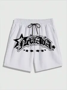 Men's loose graffiti star letter printed casual shorts, city street silk screen printed clothing, loose fit, with elastic drawstring waist circumference, ideal choice for street style, summer outdoor activities, and casual wear