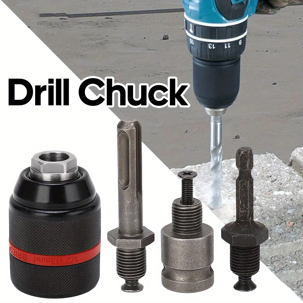 1/2-13mm Self-Tighten Keyless Drill Chuck, 1/2-20UNF Mount Universal Attachment Multitools & Accessories with 3/8" SDS-Plus Shank, 1/4" Hex Shank, Impact Wrench Adapter, 1/2" Impact Wrench Adapter