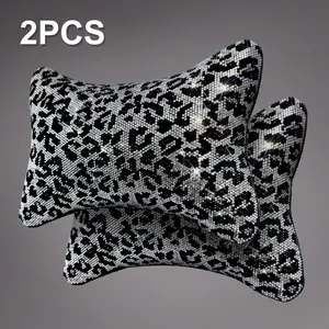 Queen's Land 2PCS Leopard Print Bling Sparkly Car Headrest Pillow with Crystal Rhinestones, Soft Neck Support Cushion, Luxury Decorative Design, Universal Fit, Interior Car Accessories for Women outdoorfun