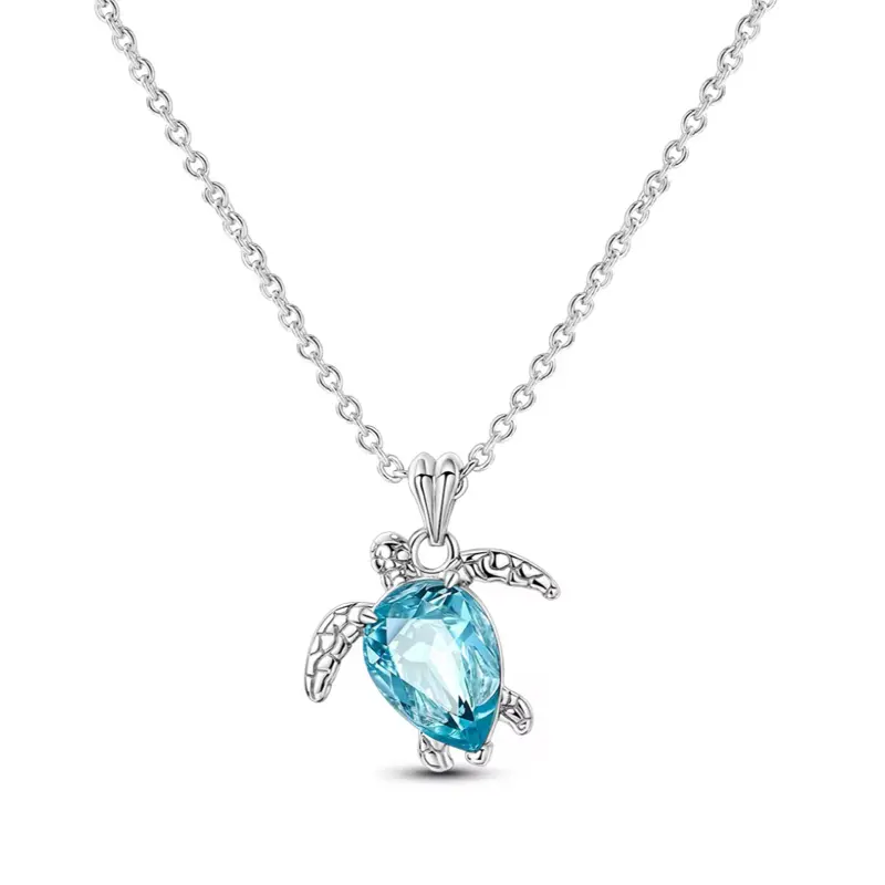 Turtle Blue Necklace Silver Plated - Small Turtle Pendant with Blue Stone & Chain Jewelry