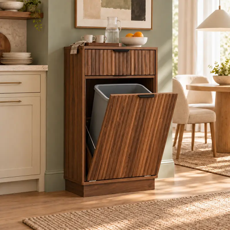 SZLIZCCC Durable Tilt-Out Garbage Can Organizer Cabinet - 10 Gal Fluted Wooden Hidden Bin with Drawer, Floor-Mount Freestanding Kitchen Supplies, Trash Cans for Kitchen, Walnut Finish, Easy Installation, 70 lbs Capacity, Household Items, Room Accessories