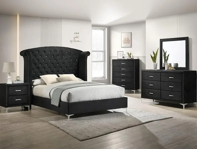 B9265 4 pc lucinda black velvet tufted upholstered queen bedroom set nail head trims