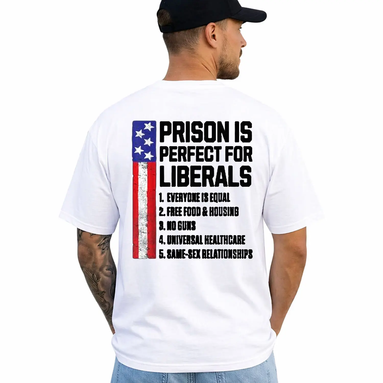 Prison Is Perfect for Liberals Funny Political T-Shirt, Conservative Humor Graphic Tee, Patriotic USA Flag Shirt, Adult Satire Gift for Men & Women, Short Sleeve Printed Graphic Shirt, Daily Casual Cotton Menswear