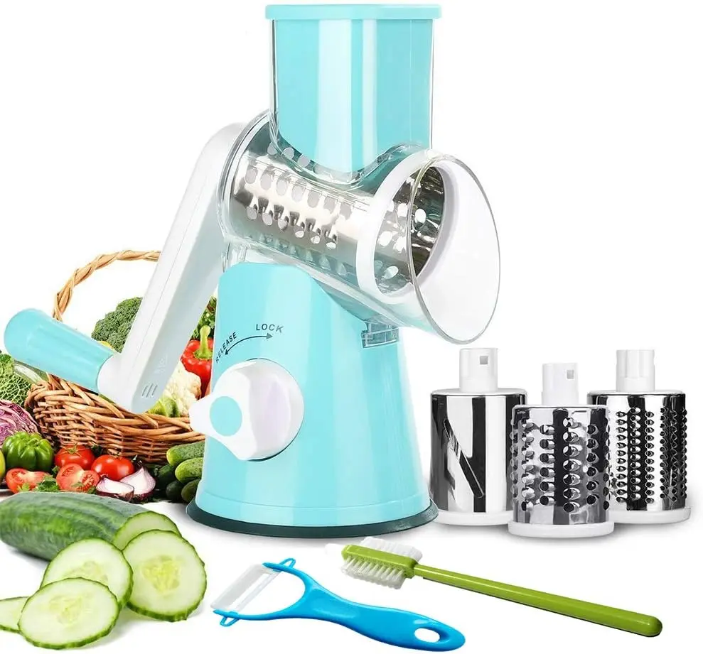 Vegetable Mandoline Slicer, 3 in 1 Round Veggie Chopper Fruit Cutter Cheese Shredder Rotary Drum Grater with 3 Stainless Steel Blades,1 Julienne peeler and 1 Brush.