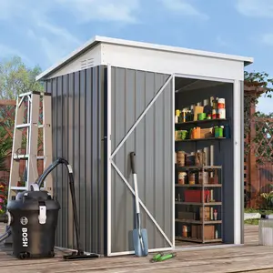 AECOJOY 5' x 3' Galvanized Metal Outdoor Storage Shed with Lockable Door 16.6 Sq.Ft Utility & Tool Storage for Garden Backyard Patio Modern Shelf Grey Adjustable Frames