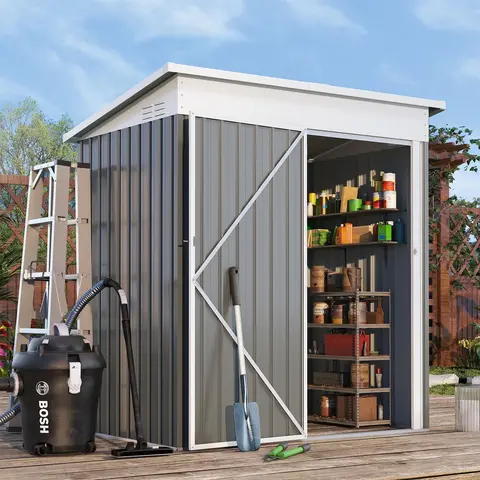 【No base】AECOJOY 2' x 5' Galvanized Metal Outdoor Storage Shed with Lockable Door Utility & Tool Storage for Garden Backyard Patio Modern Shelf Grey Adjustable Frames