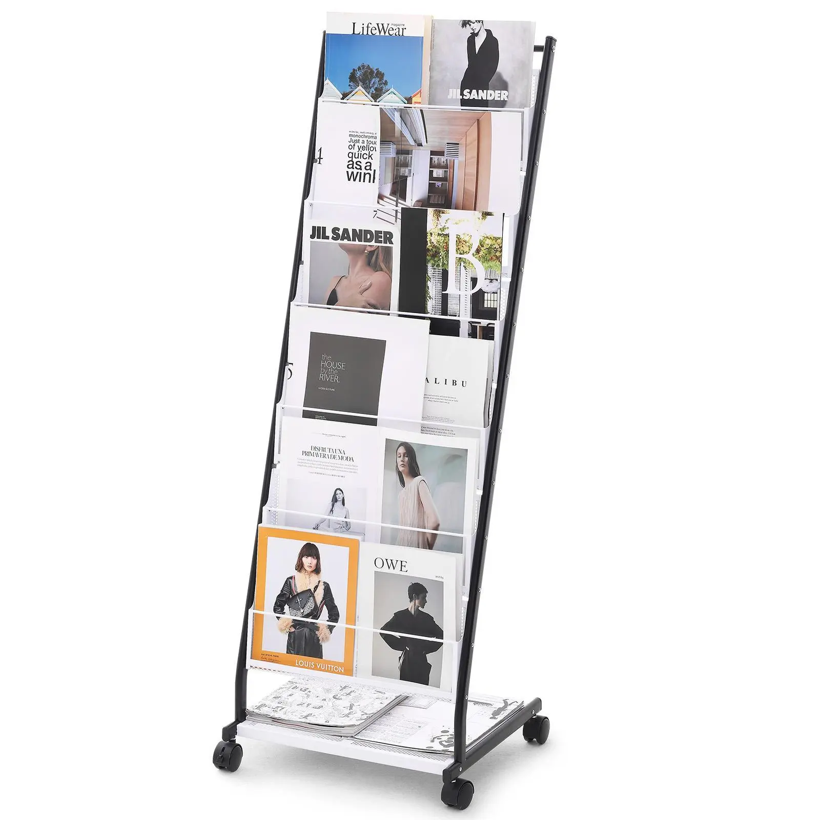 VEVOR 6-Tier Floor Standing Magazine Rack with Lockable Wheels, Grid Shelves & 6 Pockets, Movable 4-Wheel Brochure Storage Organizer for 2 x A4 Magazines, Home Office Newspapers, Paint Supplies, Baking, Room