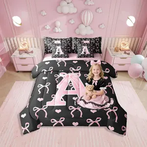 Initial Letter Bed Set with Sheets,Girls Black Pink Alphabet 7 Piece Bedding Set,Ombre Ribbon Knot Kawaii Love Hearts All Season Bowknot Bed Bag
