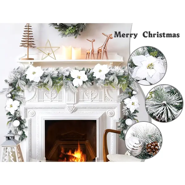 Battery Operated 9ft Christmas Garland - Battery Powered Ornament with 100 LEDs, Light Decor, Flowers, Balls, Pinecones, Ornaments