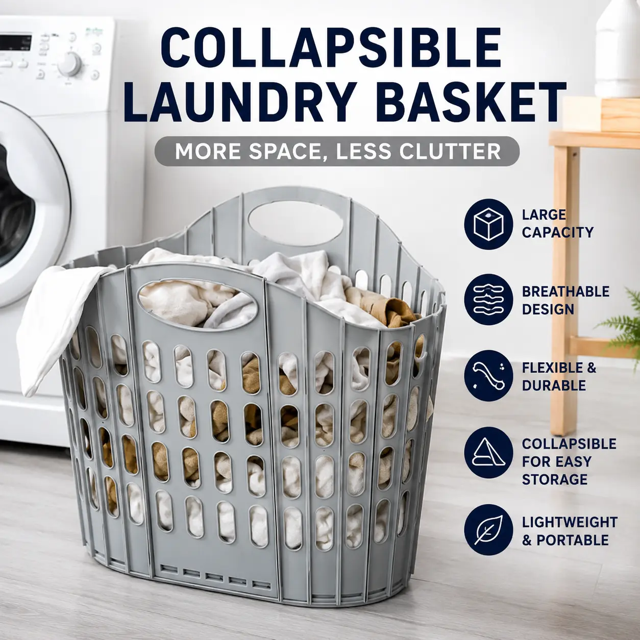 Collapsible Laundry Basket, Foldable Plastic Laundry Hamper with Handles, Large Capacity Ventilated Clothes Storage Basket, Space Saving Organizer for Bathroom Bedroom Dorm, Gray
