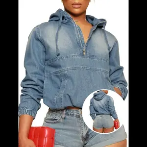 [S-3XL] Women's Half Zip Denim Hoodie Pullover Jacket Jean Tops Casual