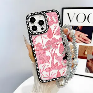 Pink Leopard Pattern Bling Glitter Phone Case with Sparkle Rhinestone Diamond , Airbag Anti-Fall Crystal Cover for iPhone 16 15 14 13 12 Pro Max Plus