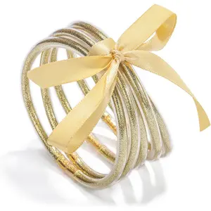 Cute Jelly Bangles Bracelets for Women 80's Neon Pink Glitter Dress Glitter Filled Jelly Bracelet Buddha Purple Dress Accessories Outfit for Women Trendy 2025