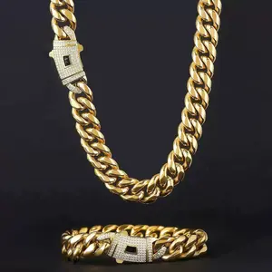 Iced Out Miami Cuban Link Chain – 14K Gold Plated Cuban Necklace with White Stone Inlay, Hip Hop Statement Jewelry for Men & Women, Luxury Streetwear Chain Gift 16-30 Inch