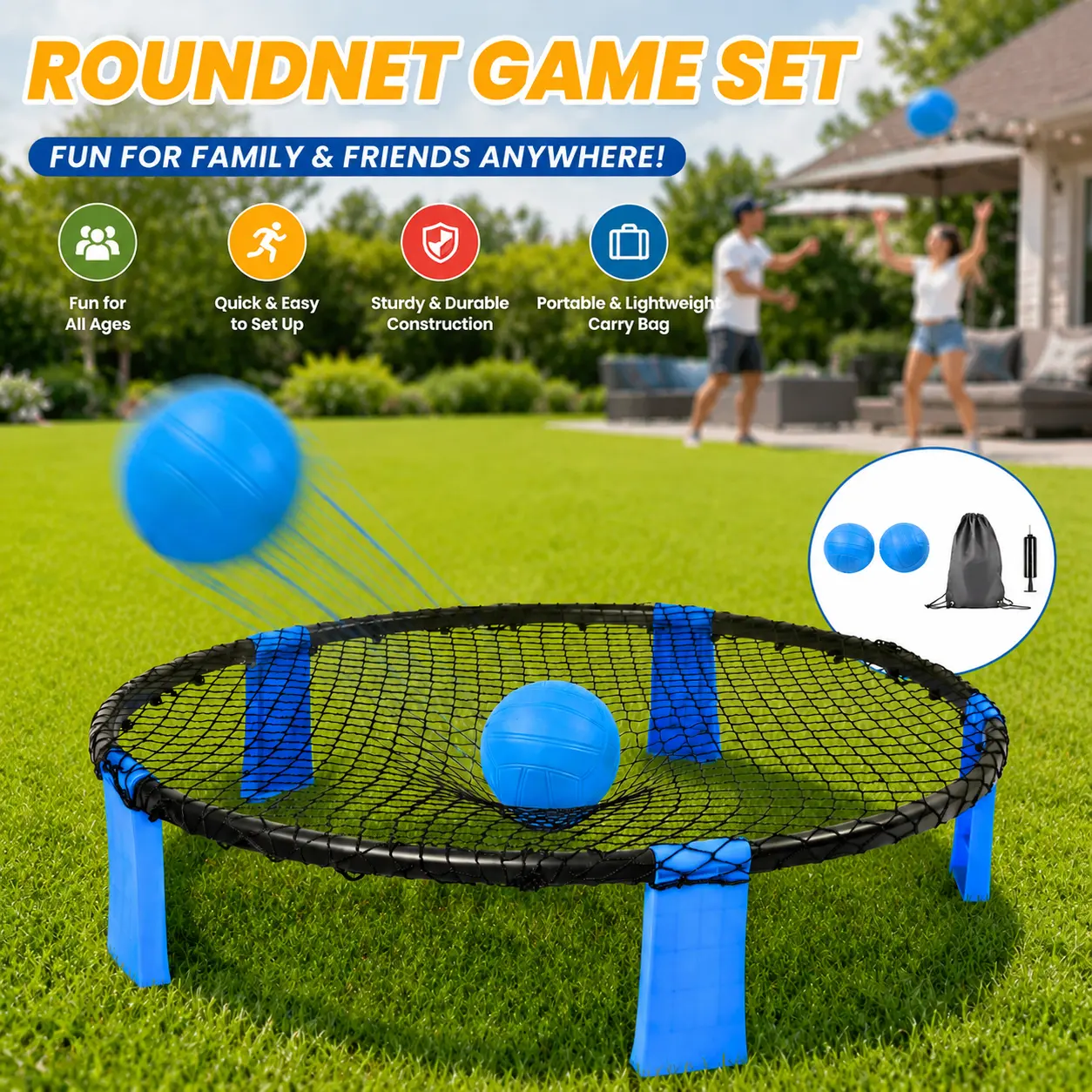 Portable Outdoor Roundnet Game Set with 2 Balls & Carry Bag, Durable Playing Net, Classic Lawn & Beach Game for Backyard Games, Park, Camping, Picnic & Family Party, Outdoor Sports Game Toy for Adults & Kids, Basketball Game