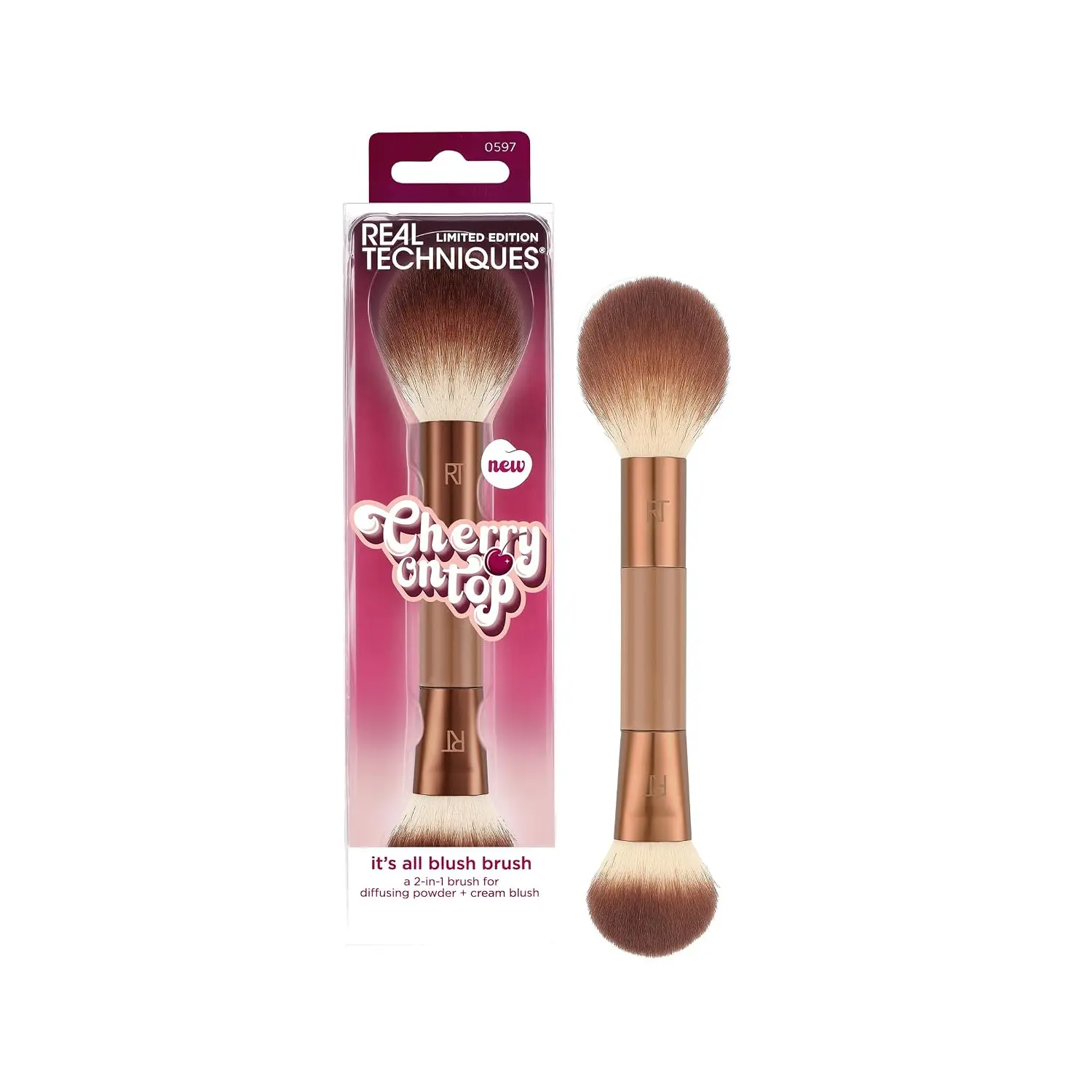 Real Techniques Cherry On Top It’s All Blush Brush, Makeup Brush | Blend blush your way, double ended makeup brush for cheeks, blush brushes, powder, cream, liquid