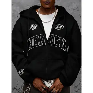 Dark Style Heaven Letter Print Hooded Zipper Jacket, Oversized Fit, Silver Color Design, Fall & Winter Casual Wear