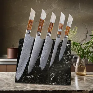 TEGAMI Damascus Kitchen Knife Set - 5 Pieces with VG-10 Blade and Natural Maple Wood Handle - Knives Block Kitchen Knives
