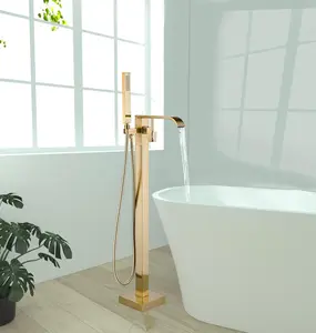 Bathroom Tub Filler Faucet Floor Mounted Bathtub Shower Faucet Waterfall Spout Free Standing Tub Mixer Tap with Handheld Sprayer Gold Polished