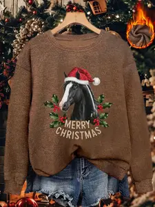 Women's Crew Neck Knit Sweatshirt with Christmas Theme Print - Stylish Cartoon Horse Wearing a Santa Hat Pattern