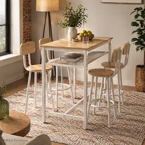 5-Piece Counter Height Dining Table Set with 4 Chairs, ARCH MDF & Iron Pub Look Bar Table, Space-Saving Indoor Furniture Set with Storage Net, Seats 4 for Apartments and Studios