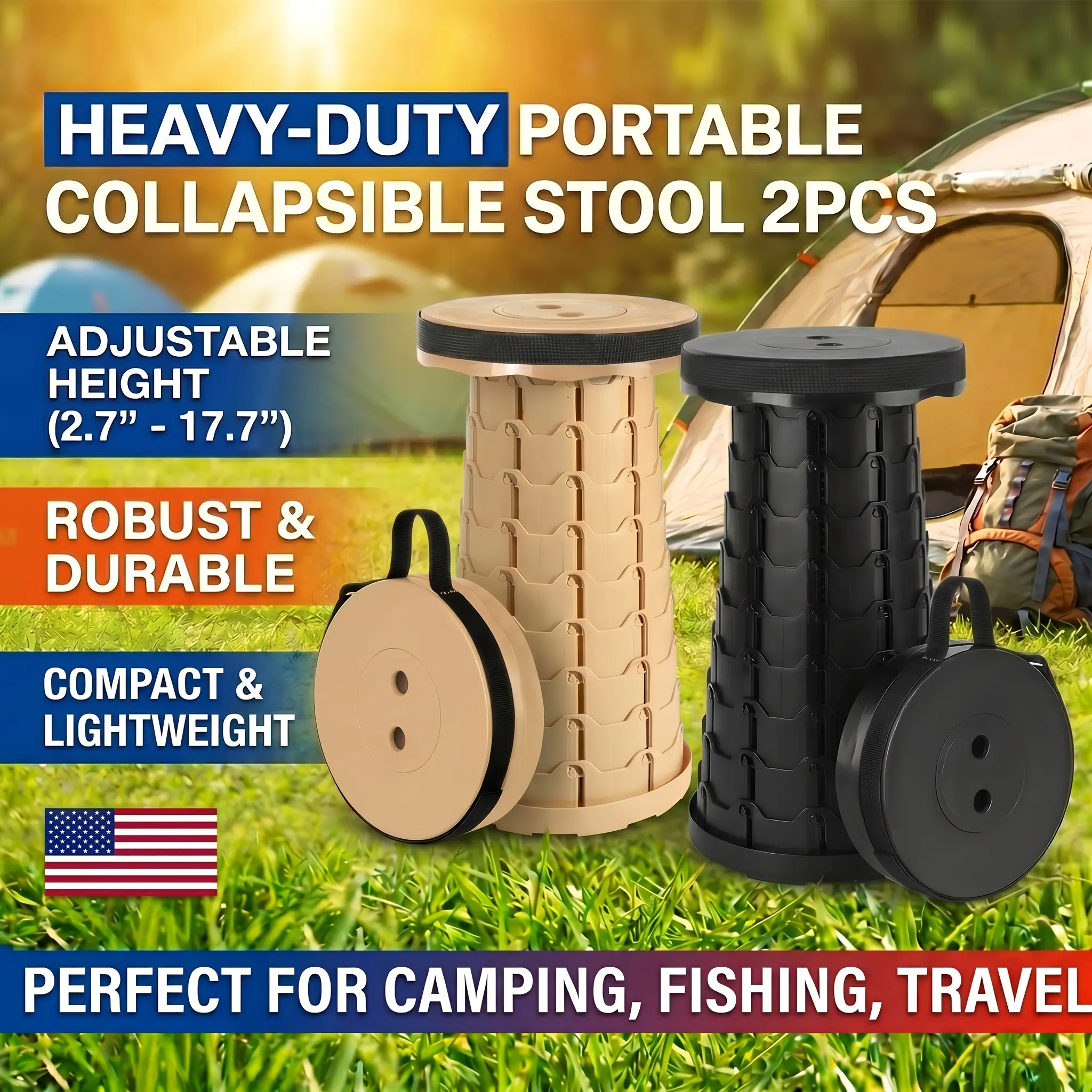 2pcs Collapsible Stool Portable Lightweight Retractable Folding Stools Seat Fishing Outdoors Indoors Kitchen Max Load 400Lbs, Folding Shoe Changing Stool, Suitable for Hiking Camping, Courtyard BBQ, Rainbow Stool Easter Gift, Local Warehouse