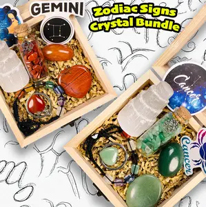 [Video Order] 1 Set Zodiac Crystal Bundle size about 200g including Selentine Tower, Chakras Bracelet, Worry Stone, keychain, Tumble, Chip Bottle and 2 stickers of random related zodiac signs