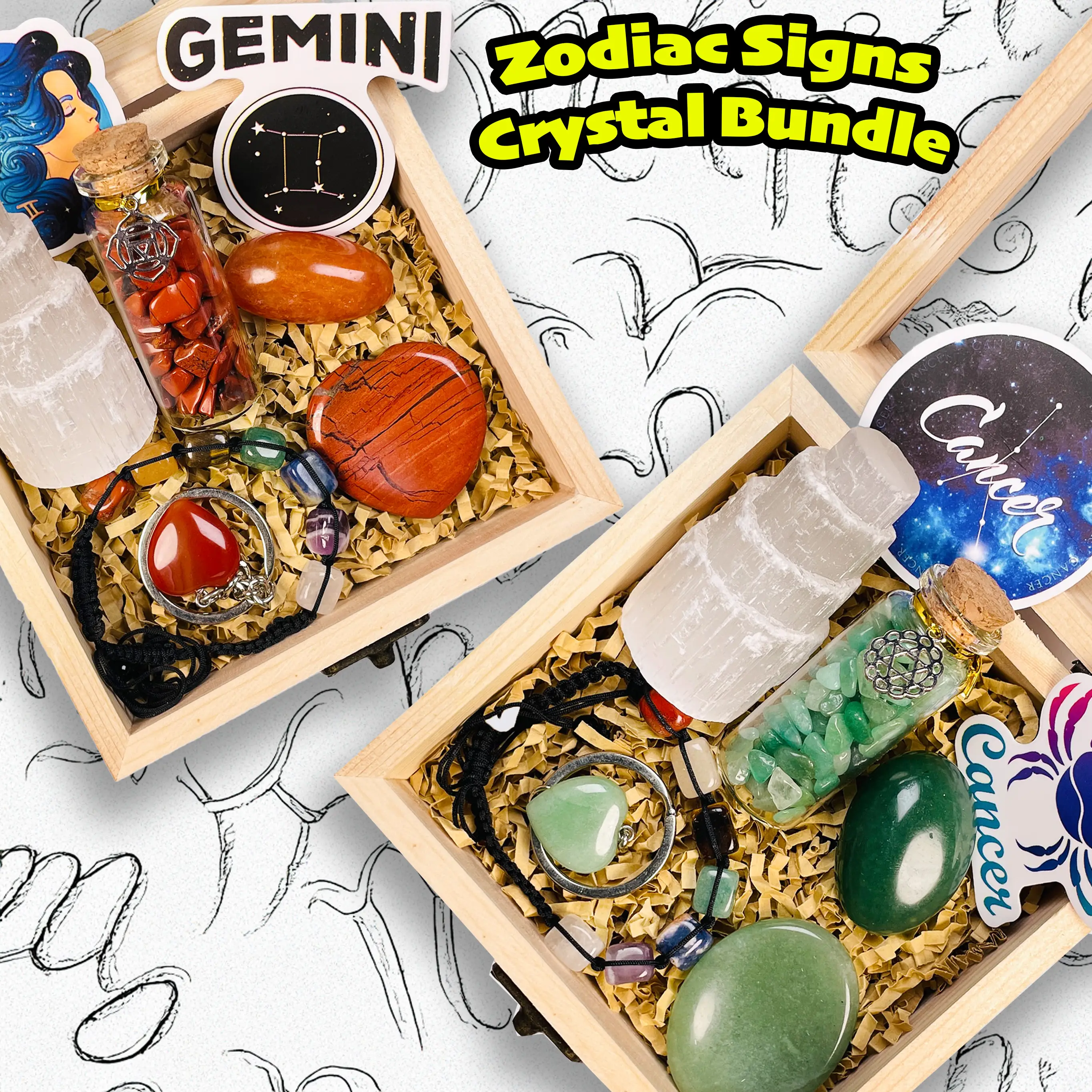 [Video Order] 1 Set Zodiac Crystal Bundle size about 200g including Selentine Tower, Chakras Bracelet, Worry Stone, keychain, Tumble, Chip Bottle and
