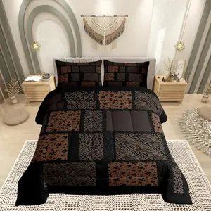 Wildlife Fur Splicing Print Comforter Set,Leopard Cheetah Zebra Cattle Bedding Set,Kids Teens Modern Decor,Brown Black Animals Skin Comforter for All Seasons