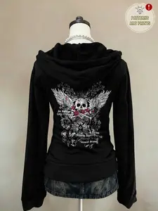 Women's Hooded Zipper Fitted Sweatshirt, Vintage Skull Rose Print Jacket, Long Sleeve Pullover, Casual Outdoor Comfortable Fashion