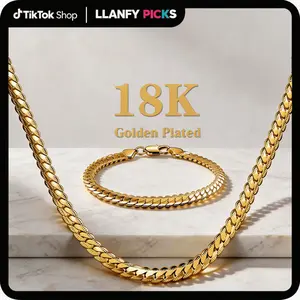 18K gold-plated Full-side  necklace and bracelet  set Vintage Feel Stainless Steel Anti-Rust Technology Waterproof Sweatproof Perfect Christmas Gift for men and women Width 5mm, Length 20/22/24 inches, Minimalist Layering Jewelry