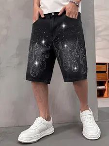 Men's Fashion Letter Rhinestone Denim Jeans Shorts, Comfortable and Stylish Casual Design, Summer Streetwear Style, Loose-Fitting Button Fly