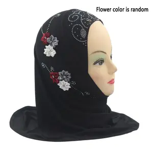 Elegant Black Islamic Hijab for Girls - Breathable Polyester with 6 Floral Accents, Arabian Style Scarf - Perfect for All Seasons & Ramadan Celebrations, Hijab Scarf